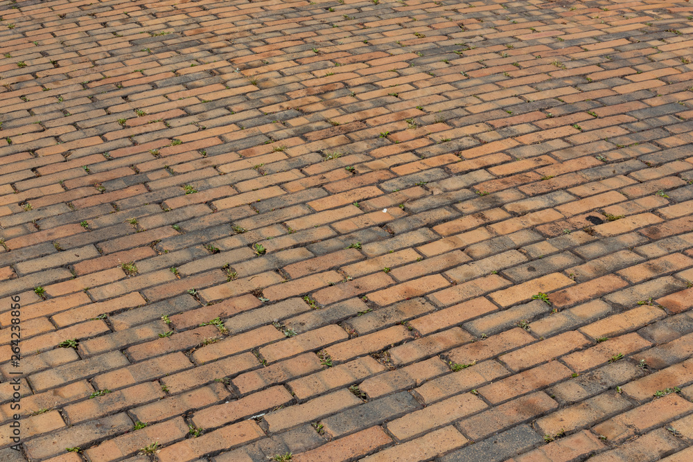 Wide view of brick paving in running bond pattern, horizontal aspect Wide view of brick paving in running bond pattern, horizontal aspect