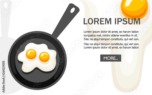 Fried egg in frying pan. Flat vector illustration on white background. Web site page and mobile app design. Place for text, web button