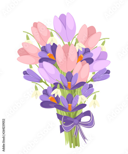 Wallpaper Mural A bouquet of flowers with a purple ribbon. Spring pink Tulip, purple Crocus and white Convallaria majalis. Green flower pattern, grass. Flat vector illustration on white background Torontodigital.ca