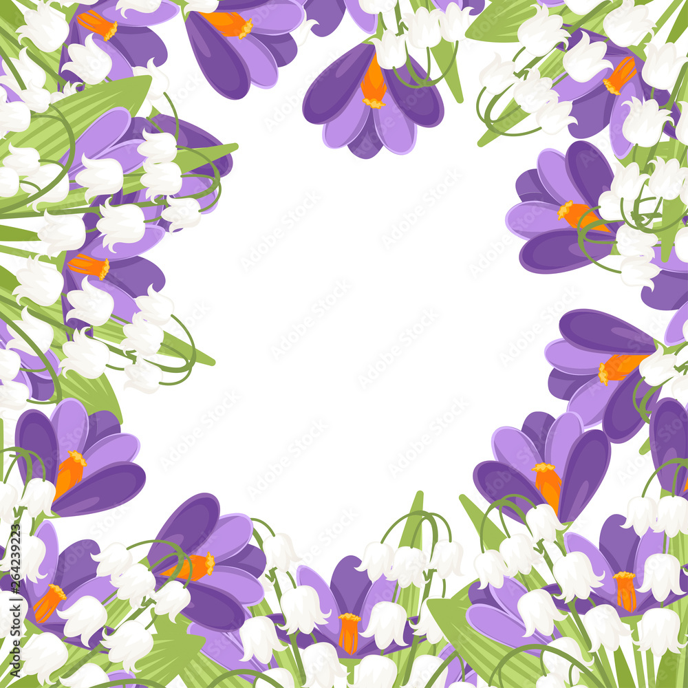 Purple Crocus and white Convallaria majalis. Green flower pattern, grass. Flat vector illustration on white background Purple Crocus and white Convallaria majalis. Green flower pattern, grass. Flat vector illustration on white background