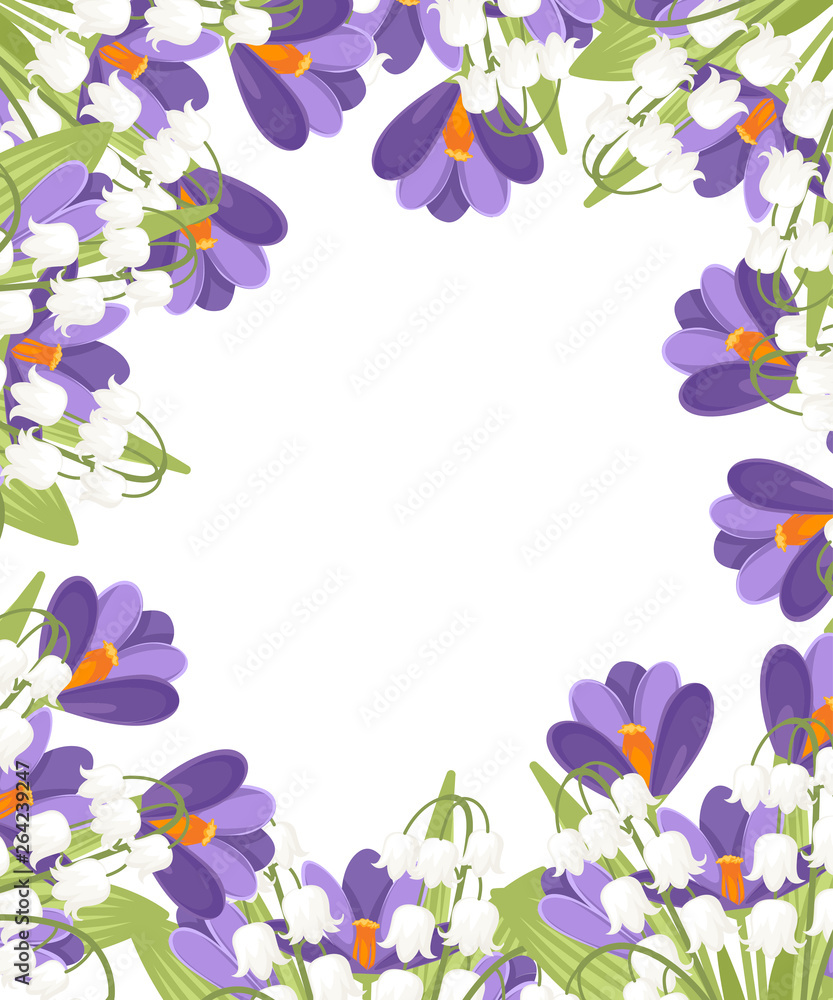 Purple Crocus and white Convallaria majalis. Green flower pattern, grass. Flat vector illustration on white background Purple Crocus and white Convallaria majalis. Green flower pattern, grass. Flat vector illustration on white background