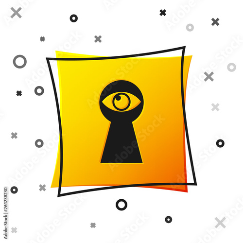 Black Keyhole with eye icon isolated on white background. The eye looks into the keyhole. Keyhole eye hole. Yellow square button. Vector Illustration