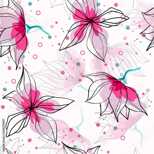 Pink hibiscus flowers tropical vector seamless pattern. Exotic pattern with delicate buds. Floral Hawaiian style textile background with flowers.