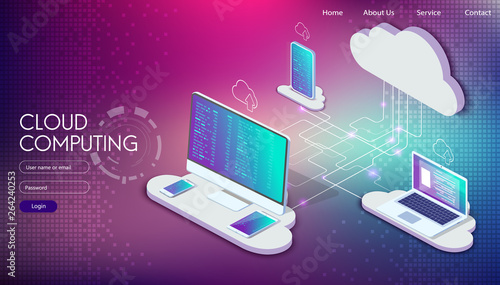 Web development and coding. Cross platform development website. Adaptive layout internet page or web interface on screen laptop, tablet and phone. Isometric concept illustration.