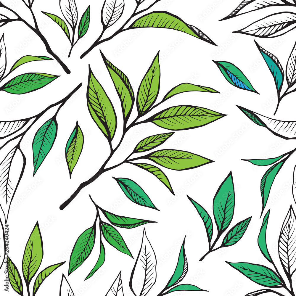 Floral seamless pattern with tea leaves in sketch style. Hand drawn tea leaves background. Vector illustration on white. For textile, paper, decoration and wrapping Floral seamless pattern with tea leaves in sketch style. Hand drawn tea leaves background. Vector illustration on white. For textile, paper, decoration and wrapping