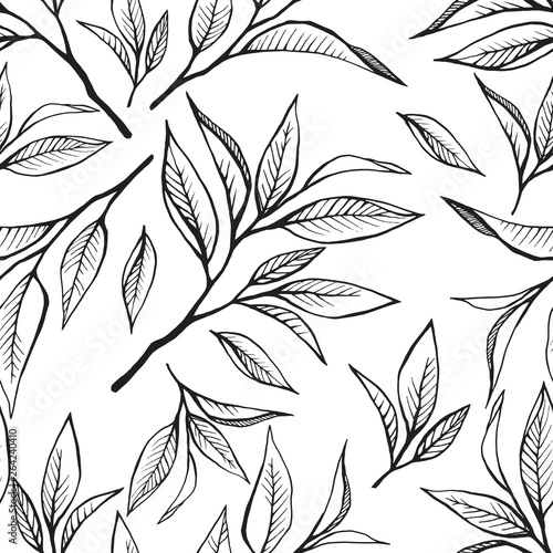 Floral seamless pattern with tea leaves in sketch style. Hand drawn tea leaves background. Vector illustration on white. For textile, paper, decoration and wrapping