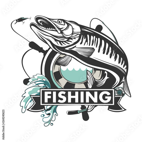 Pike fishing emblem. Pike fish logo vector. Outdoor fishing background theme. Angry fish logo.