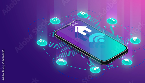 Smart home controlled smartphone. Internet of things technology of home automation system. Small house standing on screen mobile phone and wireless connections with icons home electronics devices. iot