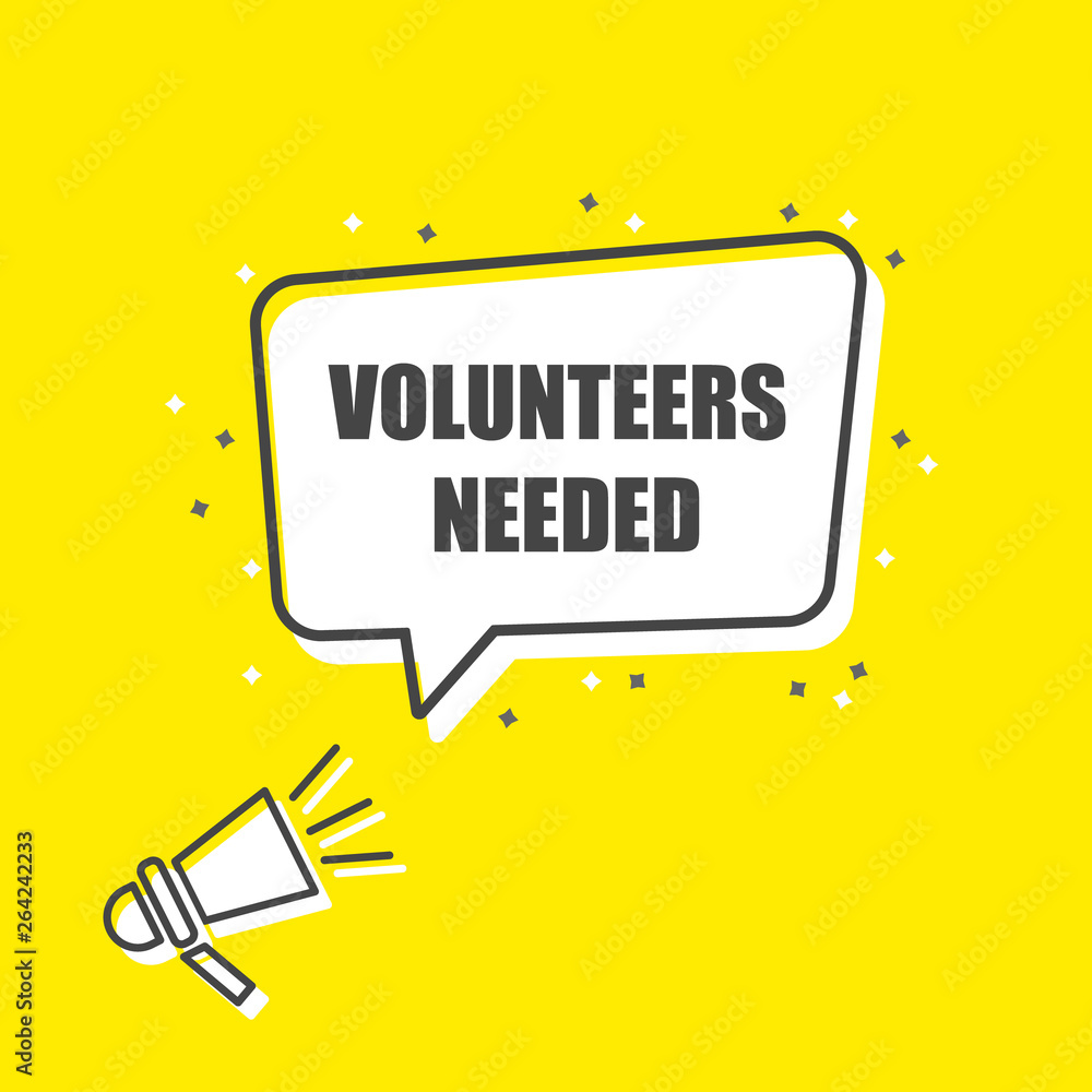 Male hand holding megaphone with volunteers needed speech bubble.