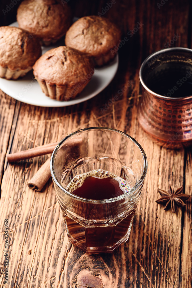 Turkish coffee with spices and muffins