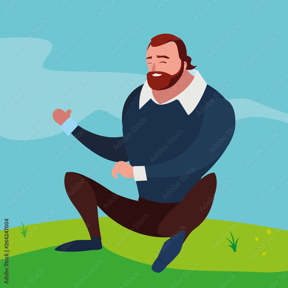 strong and bearded man seated in the field strong and bearded man seated in the field
