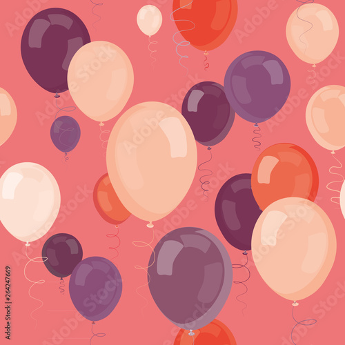 Colorful party balloons flying. Seamless pattern. Vector illustration on pink background