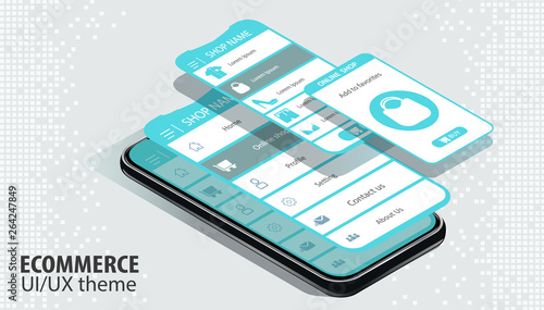A conceptual mobile phone with a disassembled interface. User experience, user interface in e-commerce. Website wireframe for mobile apps