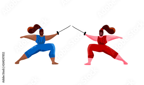 Fencing women mask training duel, swordswoman gym activity hand drawn cartoon illustration. Black and white girls doing rapier fencing, sword fighting.Two fencing famale athletes. Flat textured vector