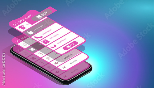 A conceptual mobile phone with a disassembled interface. User experience, user interface in e-commerce. Website wireframe for mobile apps
