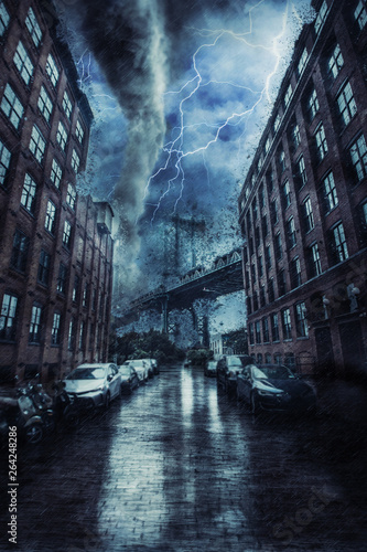 Manhattan Bridge in New york street during the heavy tornado storm  rain and lighting in New York  creative picture.