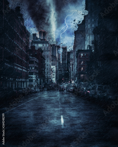 New york street during the heavy tornado storm, rain and lighting in New York, creative picture. photo