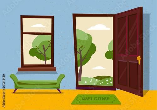 Open door into hot summer landscape fair weather view with freen park trees. Door mat and green bench in room. Flat cartoon textured vector illustration. Hallway interior with window and door.