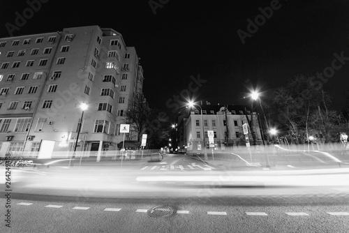 Photography long exposure night city, sepia color old film, russia, moscow