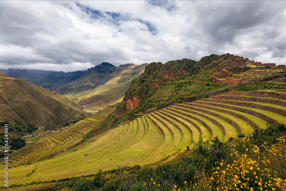 View on ancient  terraces of inca and Andes mountains. Pisac.  Sacred Valley. Cusco. Peru