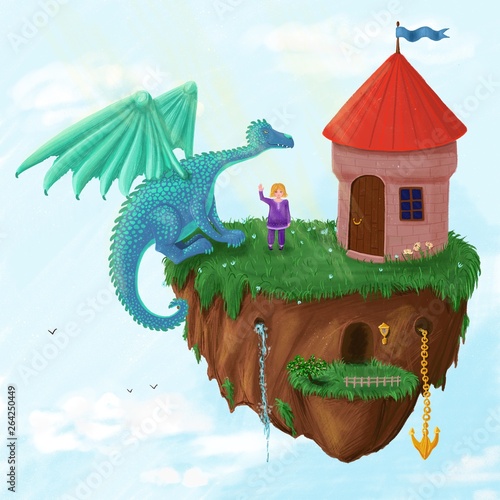 Magic world. Dragon and girl on flying island. Illustration. © LlamaRu