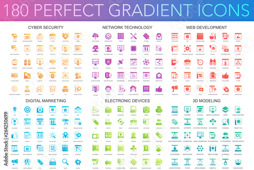 180 trendy perfect gradient icons set of cyber security, network technology, web development, digital marketing, electronic devices, 3d modeling.