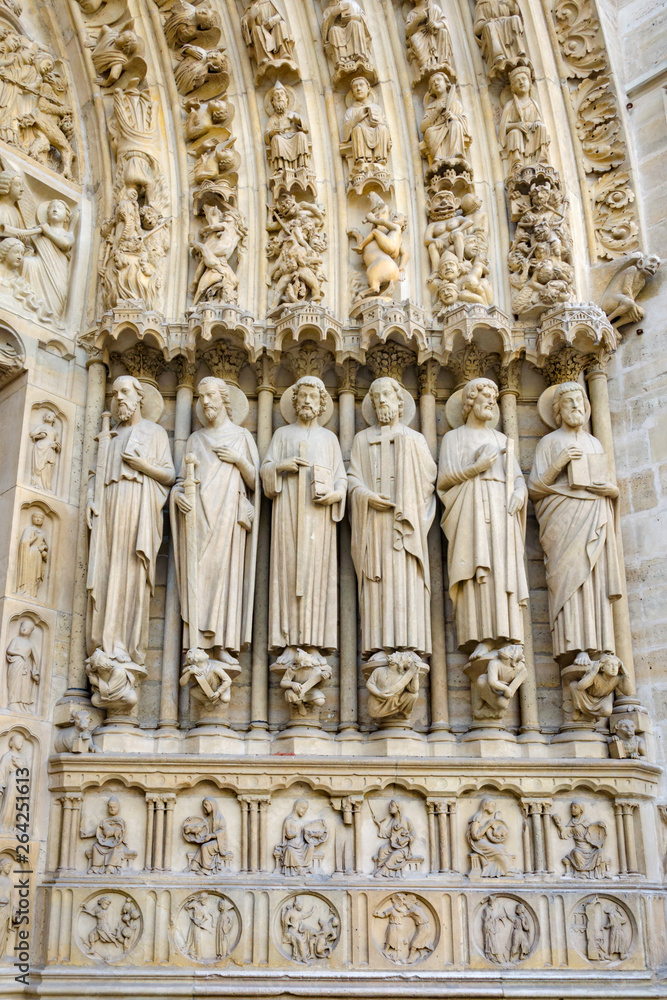 Close up view to exterior details of Last Judgment portal at Notre Dame 