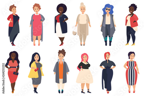 Vector Beautiful and stylish plus size, curvy fat women in fashionable casual clothes set isolated.