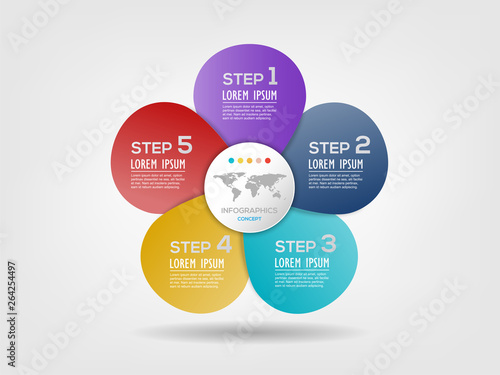 Flower shape chart infographic template with 5 options for presentations, business, layouts, reports. Vector illustration.
