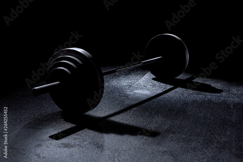 365 pound weights in gym on barbell with dramatic lighting photo