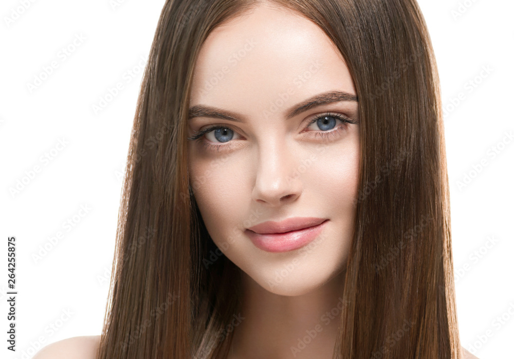 Beautiful hair smooth long brunette beauty woman healthy hairstyle young happy female model isolated on white Beautiful hair smooth long brunette beauty woman healthy hairstyle young happy female model isolated on white