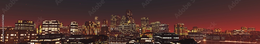 Panorama of the night city, modern night city, banner, 3D rendering