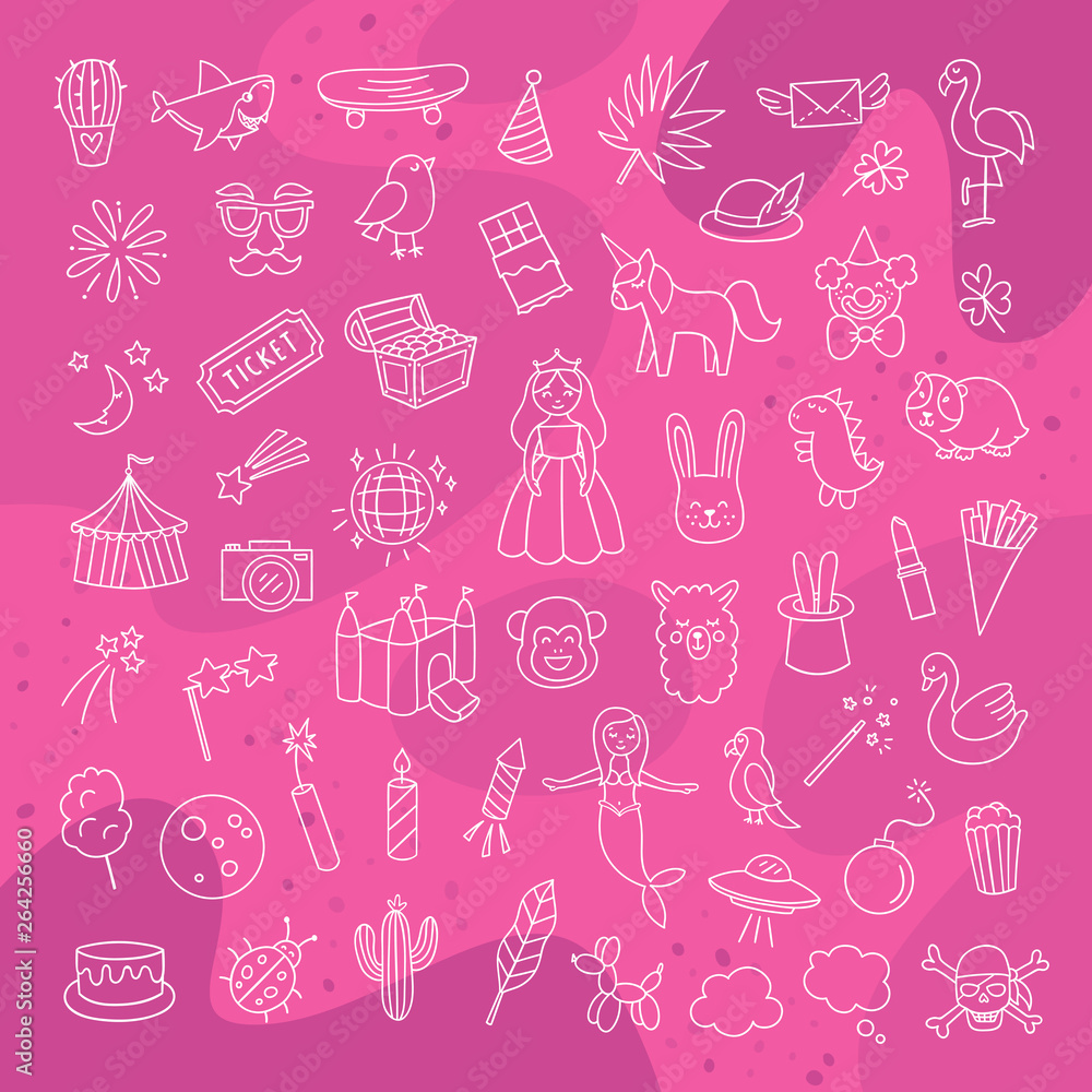 Hand drawn children's icons and elements. Vector toys, cute illustrations and party design doodles for kids Hand drawn children's icons and elements. Vector toys, cute illustrations and party design doodles for kids