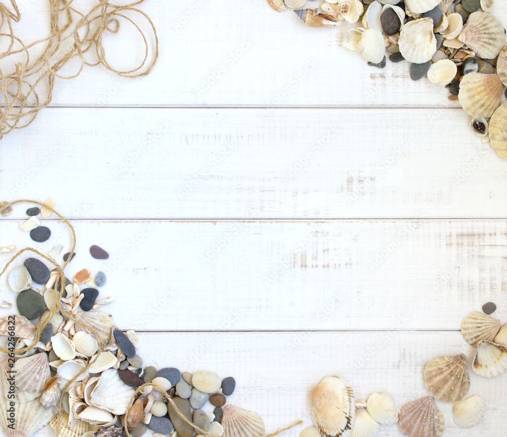 Obraz premium summer travel, sea shells, white wooden background