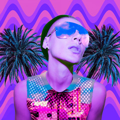 Contemporary art collage. Beach Party Girl. Mix texture and photos Zine culture trend