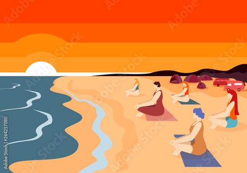 Group of Women Practising Yoga on Beach at Sunset.