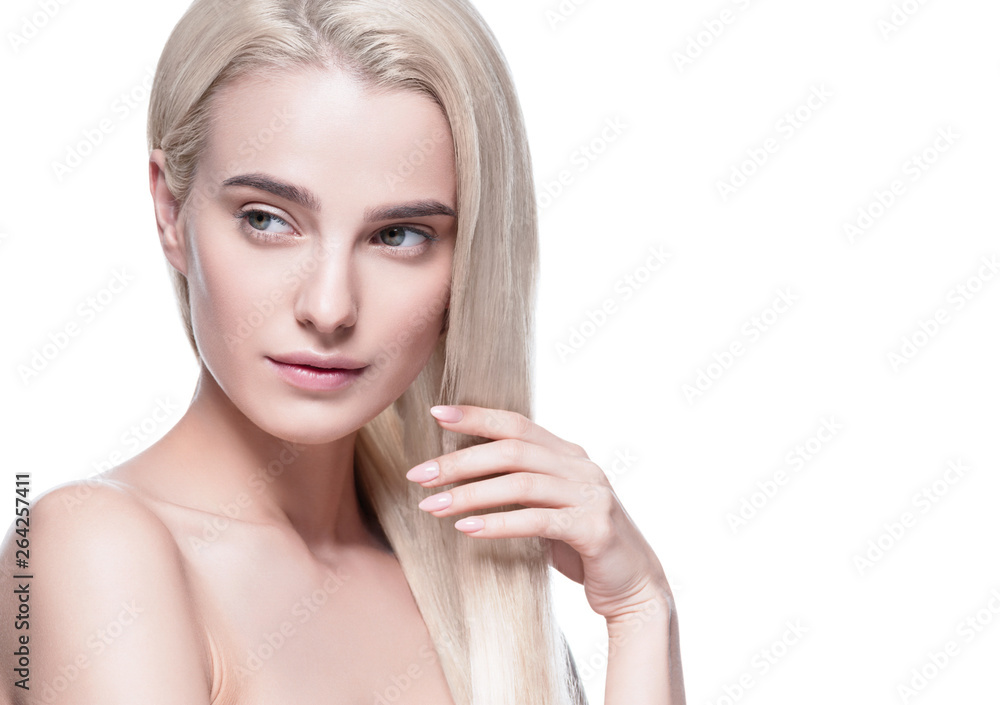 Beautiful hair woman blonde long hairstyle beauty healthy skin face closeup Beautiful hair woman blonde long hairstyle beauty healthy skin face closeup