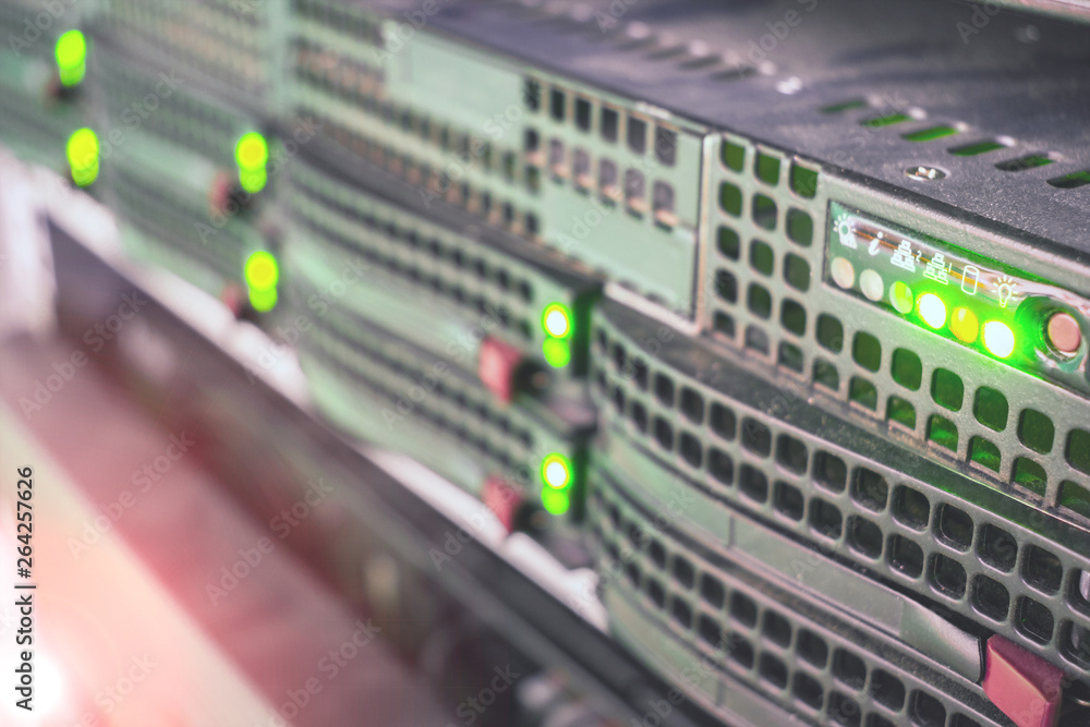 Computer database server is a close up. Cloud storage services. Hosting platform Internet provider. Selective focus Computer database server is a close up. Cloud storage services. Hosting platform Internet provider. Selective focus