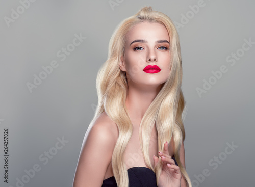 Beautiful hair woman blonde long hairstyle beauty healthy skin face closeup