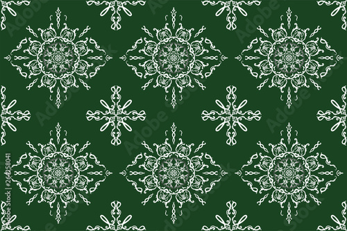 Luxury seamless pattern hand drawn with traditional ornament decoration and mixed with victorian style. Geometry each side for fashion fabric, knit, textile, batic. Green and white background theme.