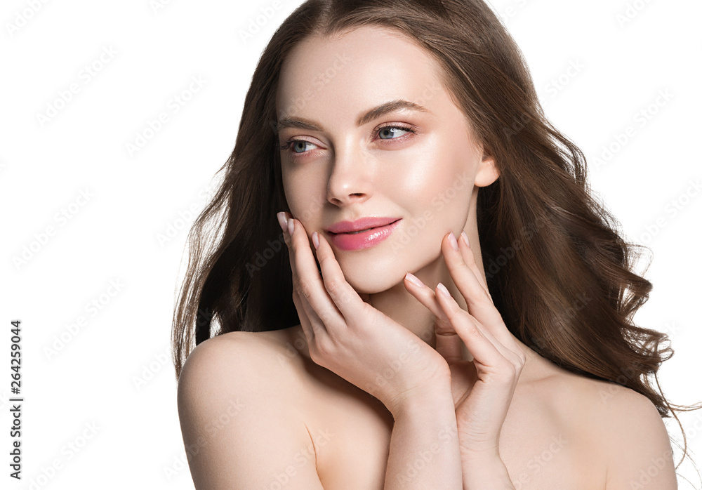 Beauty face healthy skin woman brunette healthy hair female model isolated on white Beauty face healthy skin woman brunette healthy hair female model isolated on white