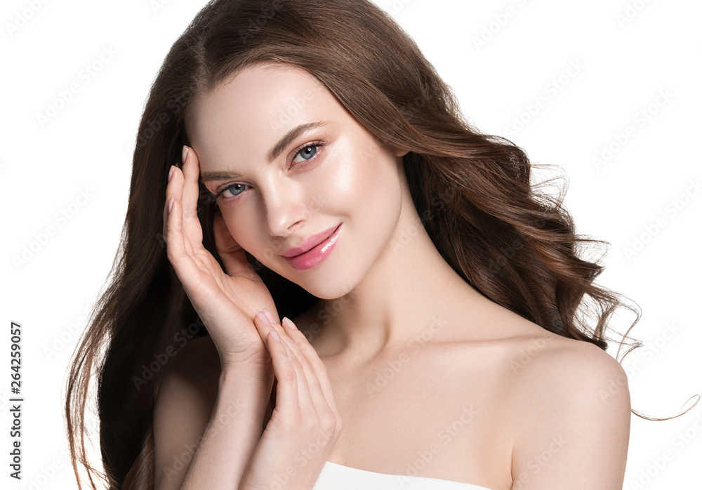 Beauty face healthy skin woman brunette healthy hair female model isolated on white Beauty face healthy skin woman brunette healthy hair female model isolated on white