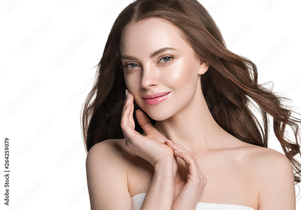 Beauty face healthy skin woman brunette healthy hair female model isolated on white Beauty face healthy skin woman brunette healthy hair female model isolated on white
