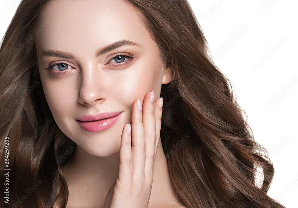 Beauty face healthy skin woman brunette healthy hair female model isolated on white Beauty face healthy skin woman brunette healthy hair female model isolated on white