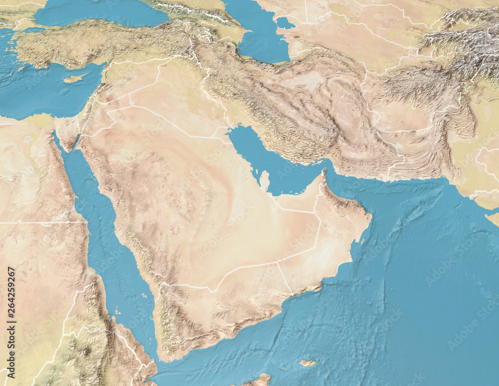 Satellite view of the Arabian Peninsula. Map. Saudi Arabia, Yemen, Oman