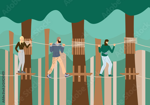 Young People Walking in Raw on Suspension Bridge.