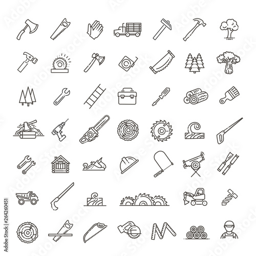 Logging, sawmill line icons. Instruments for working with wood