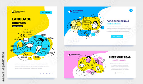 Vector set of template with business illustration with people on color background. Concept of education, engineering, teamwork with text.
