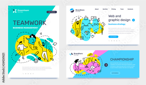 Vector set of template with business illustration with people on color background. Concept of teamwork, graphic design, championship with text