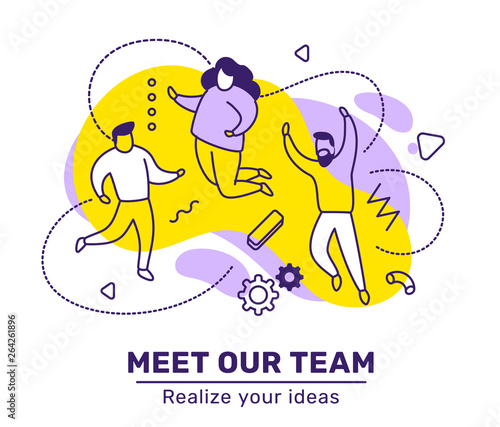 Vector business illustration of people in different poses on yellow color background. Meet our team concept with woman, man, text